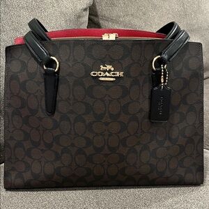 Coach Black and Brown Signature Tote with Red Interior